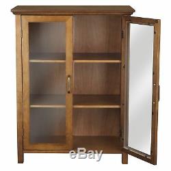 Oak Floor Cabinet Curio Case Display Storage Shelf Box 2 Glass Doors