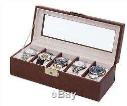 Orbita Roma 5 Watch Case Glass Top Display Storage Box Brown Leather W93012