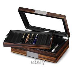 Pen Display Box Ebony Wood Display Case with Glass Window and Tray Holds Up