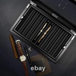 Pen Display Box Ebony Wood Display Case with Glass Window and Tray Holds Up