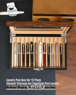 Pen Display Case Fountain 12+ Brown Camel Wood Organizer Storage Tray Glass Box