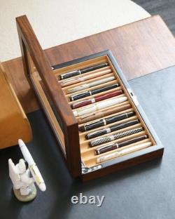 Pen Display Case Fountain 12+ Brown Camel Wood Organizer Storage Tray Glass Box