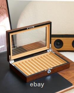 Pen Display Case Fountain 12+ Brown Camel Wood Organizer Storage Tray Glass Box