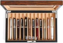 Pen Display Case Fountain 12+ Brown Camel Wood Organizer Storage Tray Glass Box
