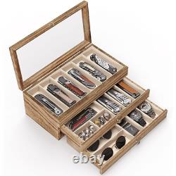 Premium Knife Display Case with Glass Lid, Coins Knives Drawer Storage Holder