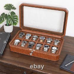 ROTHWELL 12 Slot Leather Watch Box Luxury Case Display Brown