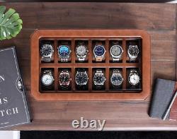 ROTHWELL 12 Slot Leather Watch Box Luxury Case Display Brown