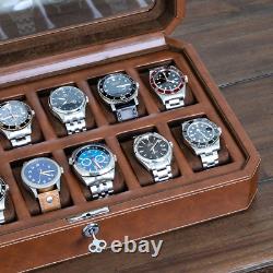 ROTHWELL 12 Slot Leather Watch Box Luxury Case Display Brown