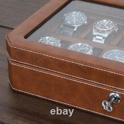 ROTHWELL 12 Slot Leather Watch Box Luxury Case Display Brown