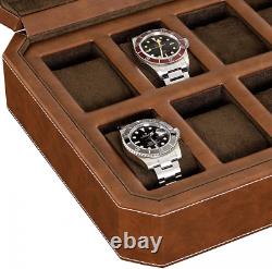 ROTHWELL 12 Slot Leather Watch Box Luxury Case Display Brown