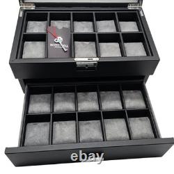 ROTHWELL 20 Slot Leather Watch Box Display Case Organizer Glass Top Lock Black
