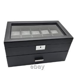 ROTHWELL 20 Slot Leather Watch Box Display Case Organizer Glass Top Lock Black