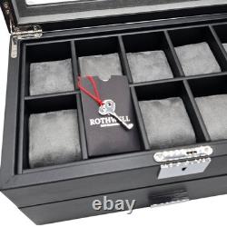 ROTHWELL 20 Slot Leather Watch Box Display Case Organizer Glass Top Lock Black