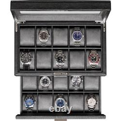 ROTHWELL 20 Slot Leather Watch Box Display Case Organizer Glass Top Lock Black
