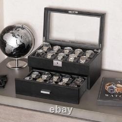 ROTHWELL 20 Slot Leather Watch Box Display Case Organizer Glass Top Lock Black