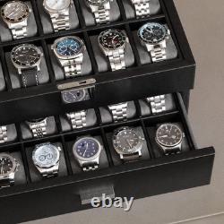 ROTHWELL 20 Slot Leather Watch Box Display Case Organizer Glass Top Lock Black