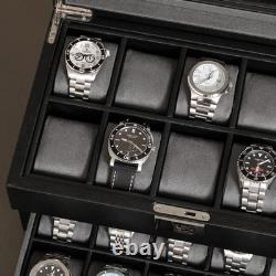 ROTHWELL 20 Slot Leather Watch Box Display Case Organizer Glass Top Lock Black