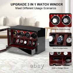 Red Automatic 4 Watch Winder Case with 6 Watches Display Storage Box LED Light