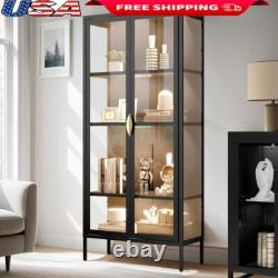 Tall Storage Cabinet With LED Light Adjustable Glass Shelves Curio Display Case US