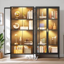 Tall Storage Cabinet With LED Light Adjustable Glass Shelves Curio Display Case US