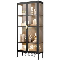 Tall Storage Cabinet With LED Light Adjustable Glass Shelves Curio Display Case US