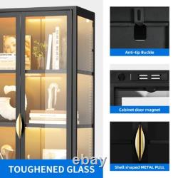 Tall Storage Cabinet With LED Light Adjustable Glass Shelves Curio Display Case US