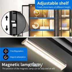 Tall Storage Cabinet With LED Light Adjustable Glass Shelves Curio Display Case US