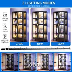 Tall Storage Cabinet With LED Light Adjustable Glass Shelves Curio Display Case US
