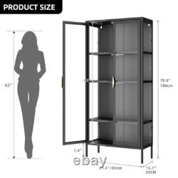 Tall Storage Cabinet With LED Light Adjustable Glass Shelves Curio Display Case US