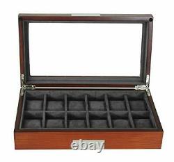 TimelyBuys 12 Cherry Wood Watch Box Display Case Storage Jewelry Organizer wi