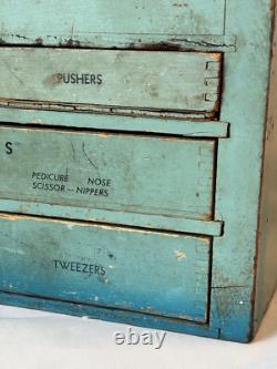 Vtg General Store Display Case Countertop Wood Drawer Beauty & Nail Tools