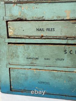 Vtg General Store Display Case Countertop Wood Drawer Beauty & Nail Tools