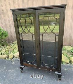 Vtg Wood Storage Cabinet on Casters Glass Front Doors Book Display Case Antique