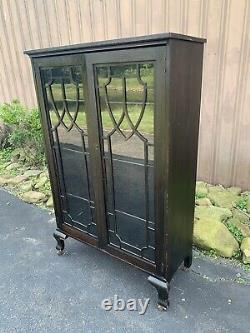 Vtg Wood Storage Cabinet on Casters Glass Front Doors Book Display Case Antique