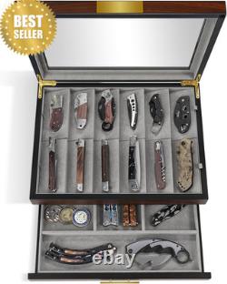 Walnut 2-Tier Knife Display Case with Drawer Real Glass Top Knife Storage