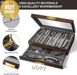 Walnut 2-Tier Knife Display Case with Drawer Real Glass Top Knife Storage