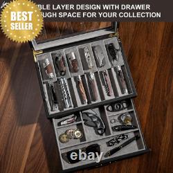 Walnut 2-Tier Knife Display Case with Drawer Real Glass Top Knife Storage