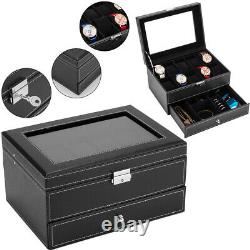 Watch Box 10 Slots Faux Leather Case Organizer Display with Jewelry Drawer Storage