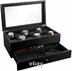 Watch Box Display Case Organizer For Men 12-Slot Valet Drawer Black Carbon Fiber