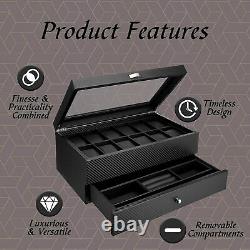 Watch Box Display Case Organizer For Men 12-Slot Valet Drawer Black Carbon Fiber