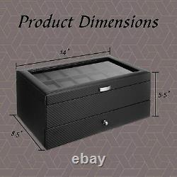 Watch Box Display Case Organizer For Men 12-Slot Valet Drawer Black Carbon Fiber