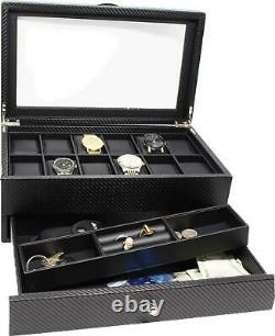 Watch Box Display Case Organizer For Men 12-Slot Valet Drawer Black Carbon Fiber