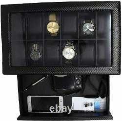 Watch Box Display Case Organizer For Men 12-Slot Valet Drawer Black Carbon Fiber