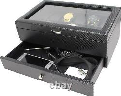 Watch Box Display Case Organizer For Men 12-Slot Valet Drawer Black Carbon Fiber