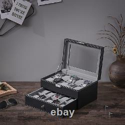 Watch Box Organizer 20 Men Display Storage Case Metal Hinge Black PU Leather Gla