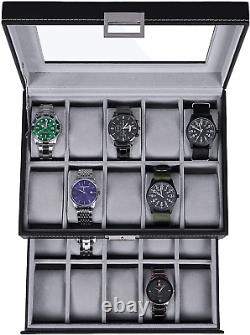 Watch Box Organizer 20 Men Display Storage Case Metal Hinge Black PU Leather Gla