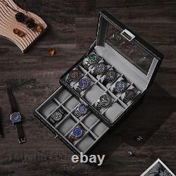 Watch Box Organizer 20 Men Display Storage Case Metal Hinge Black PU Leather Gla