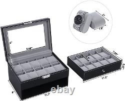 Watch Box Organizer 20 Men Display Storage Case Metal Hinge Black PU Leather Gla