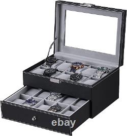 Watch Box Organizer 20 Men Display Storage Case Metal Hinge Black PU Leather Gla