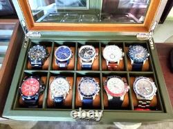 Watch Display Case 10 Slot Green & Tan Suede Organizer Storage Glass Lid Men Box